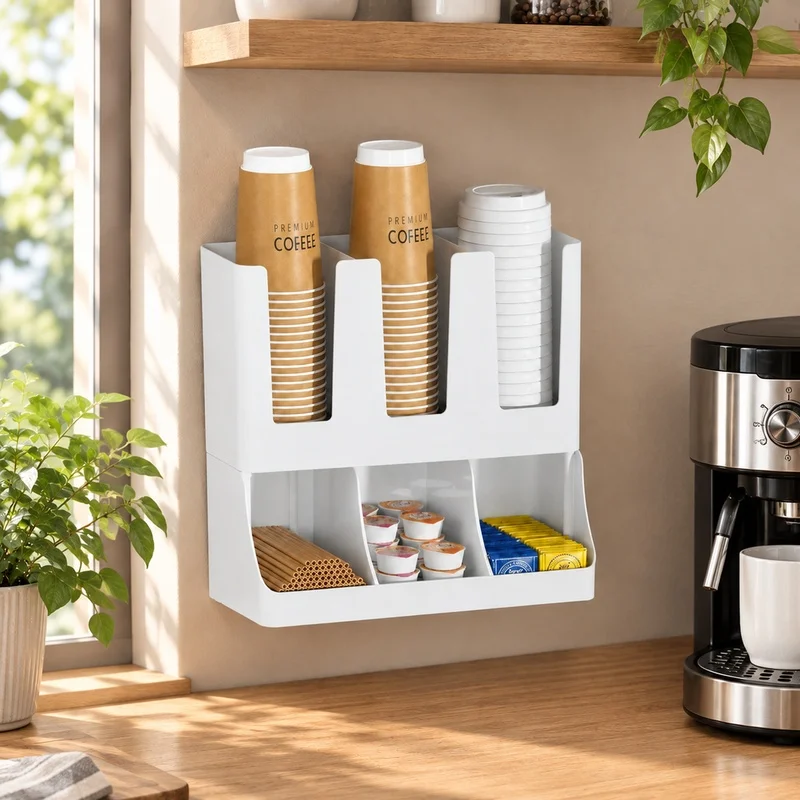 Multi-Compartment Coffee Organizer for Cups, Lids, and Condiments - Vertical Storage Rack for Home, Office, or Breakroom