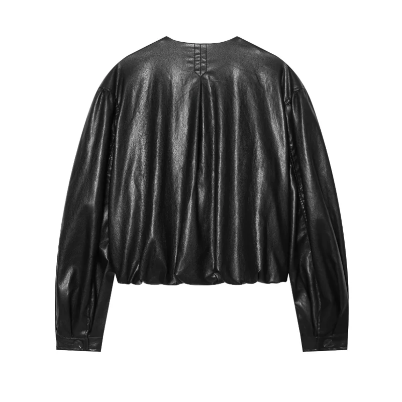 Women Black Faux Leather Jacket Crew Neck Zip Front Stitched Seam Pocket Elastic Ruched Hem Oversized Loose Cropped Moto Coat