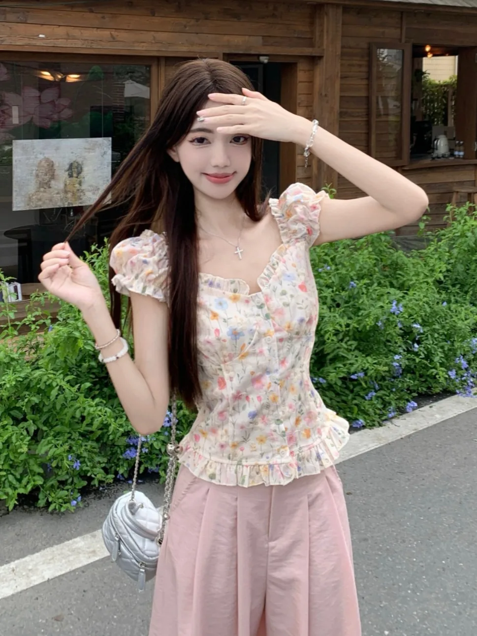 

Dopne Ruffle Hem V Ne Floral irt Женский летний топ Ele Sweet ort Bubble Sve Корейский свободный крой Дышащий