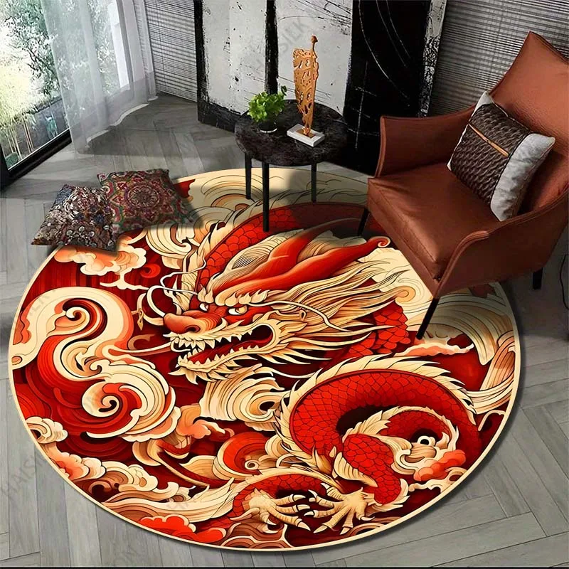 Oriental Dragon Print Round Carpet Suitable for Living Room Bedroom Carpet Flannel Non-slip Carpet, Sofa Chair Creative Door Mat