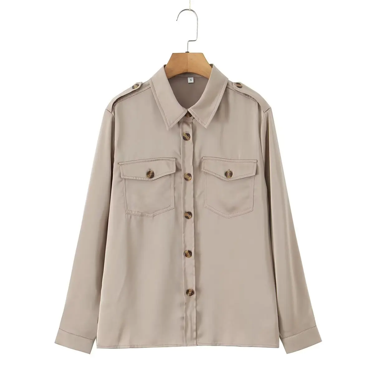 Moda damska 2025, styl europejski i amerykański, letnia nowość, koszula robocza o teksturze jedwabiu, unikalny kołnierzyk, bluzki zapinane na guziki.