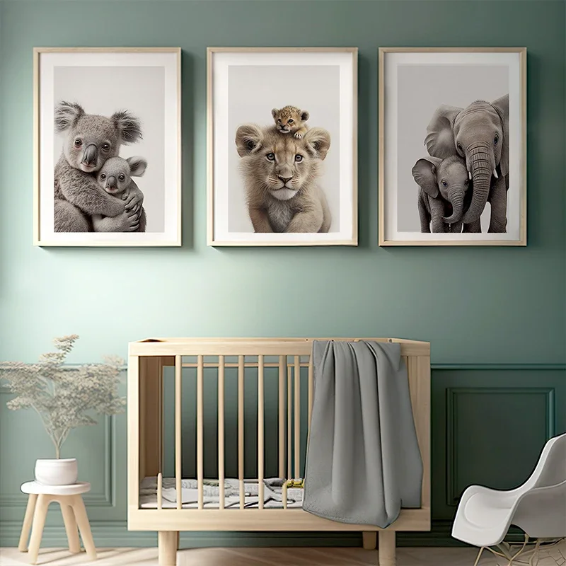 Cute Animal and Their Baby Poster Lion Elephant Koala Bear Owl Fox Canvas Painting Wall Art Pictures for Nursery Baby Room Decor