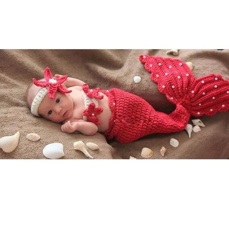 

Baby Headband+strapless+Tail Costume 3pcs Crochet Photo Prop Mermaid set 0-1M OR 3-4month
