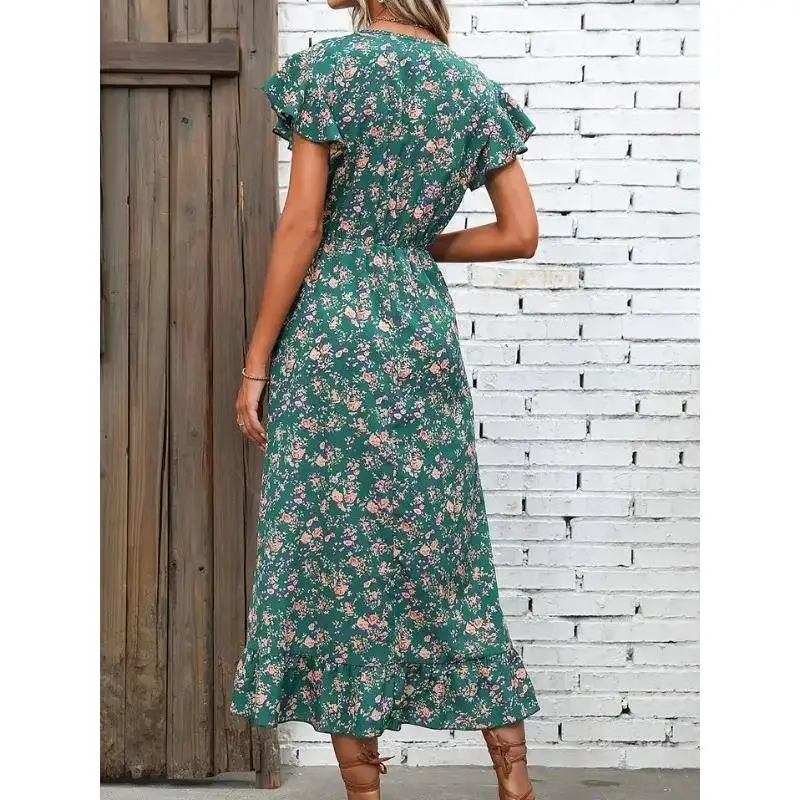 여름 패션 V넥 여성용 드레스 허리 조임 플로럴 프린트 골드 헴 부드럽고 편안한 폴리에스터 섬유