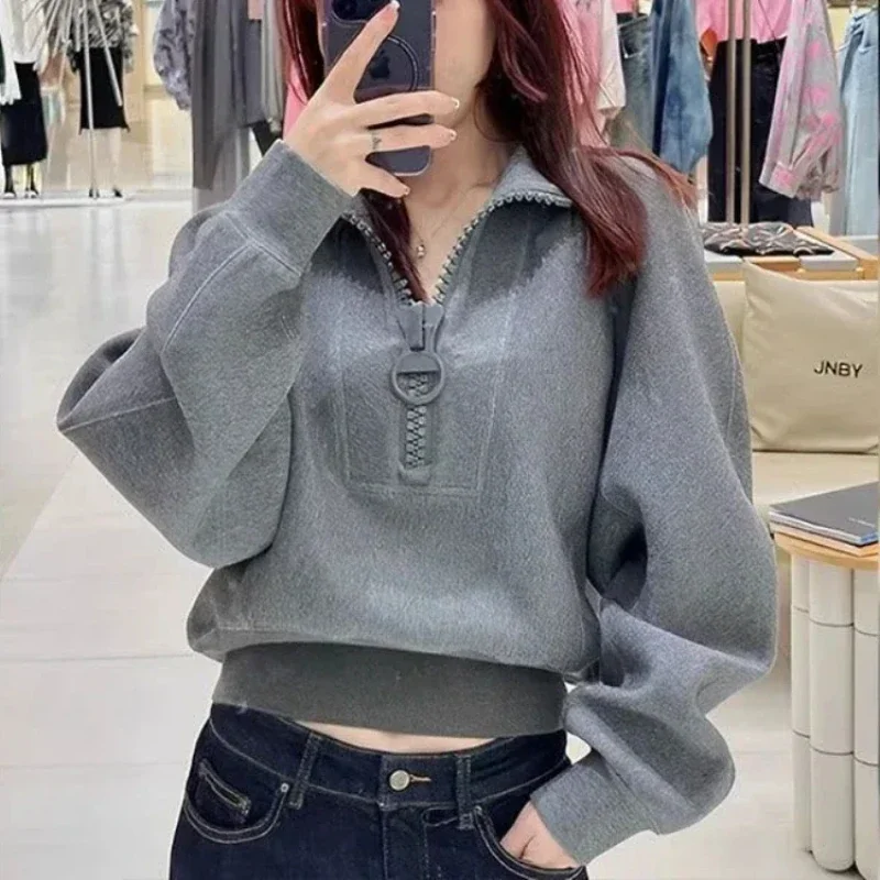 Women\'s Sweatshirts Grey Cropped Female Top Spring and Autumn Novelty Emo Youthful Clothes Y2k Style Korean Popular M Pullovers