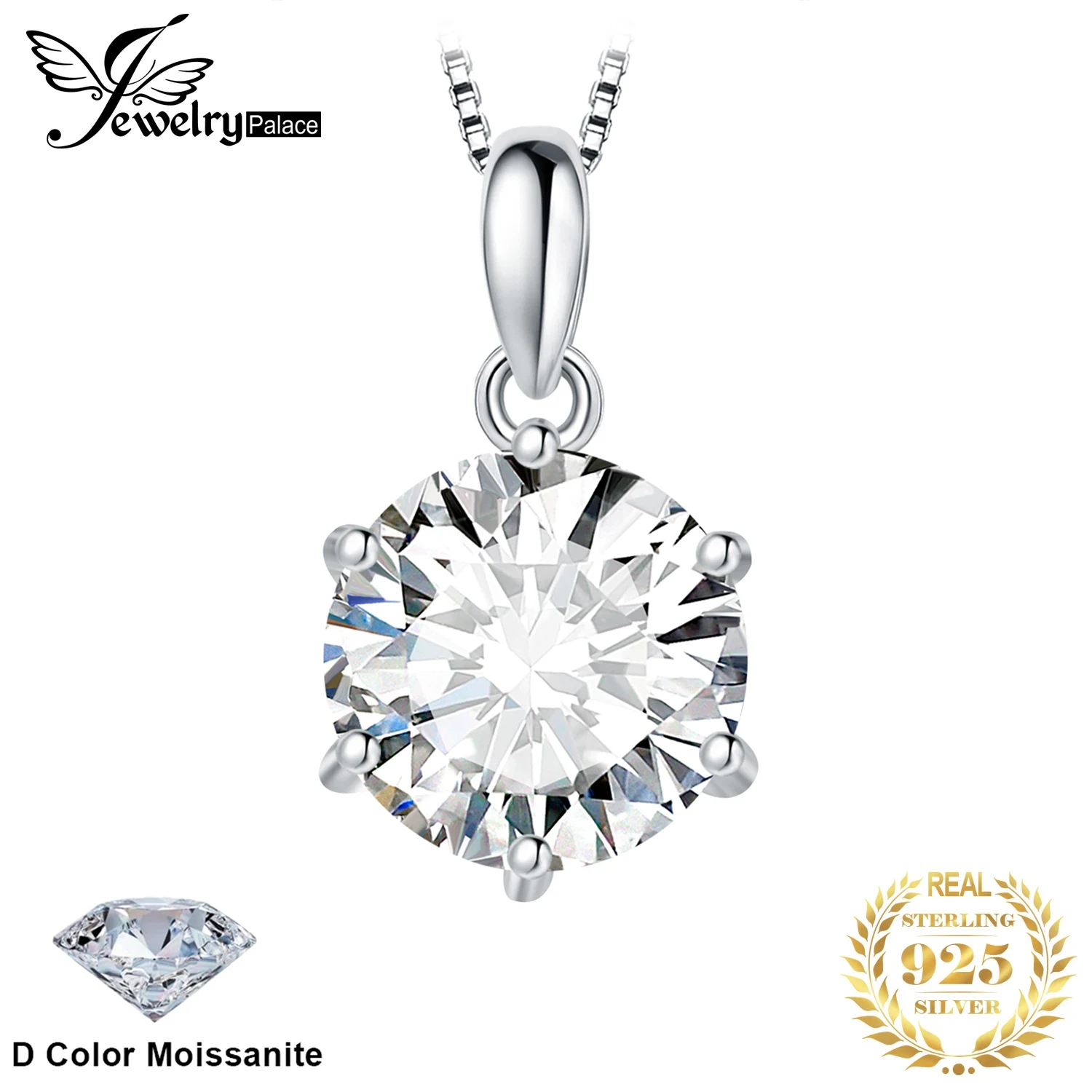 JewelryPalace Moissanite D Color 1ct 1.5ct 2ct 3ct Okrągły naszyjnik ze srebra próby 925 dla kobiety bez łańcuszka