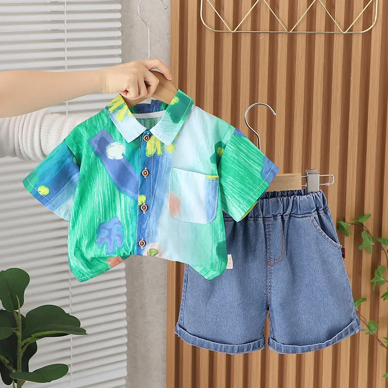 

Toddler Boys Outfits Set 2024 Summer Baby Boy Clothes 1 To 2 Years Printed Turn-down Collar Short Sleeve Shirts Shorts Kids Suit