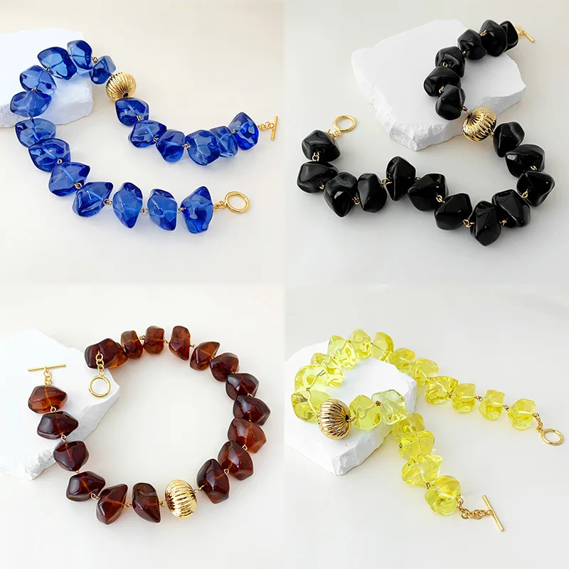 

Middle-aged Niche Vintage Blue Big Beads High Transparent Color Irregular Resin Beaded Necklace Statement Sweater Chain for Wome