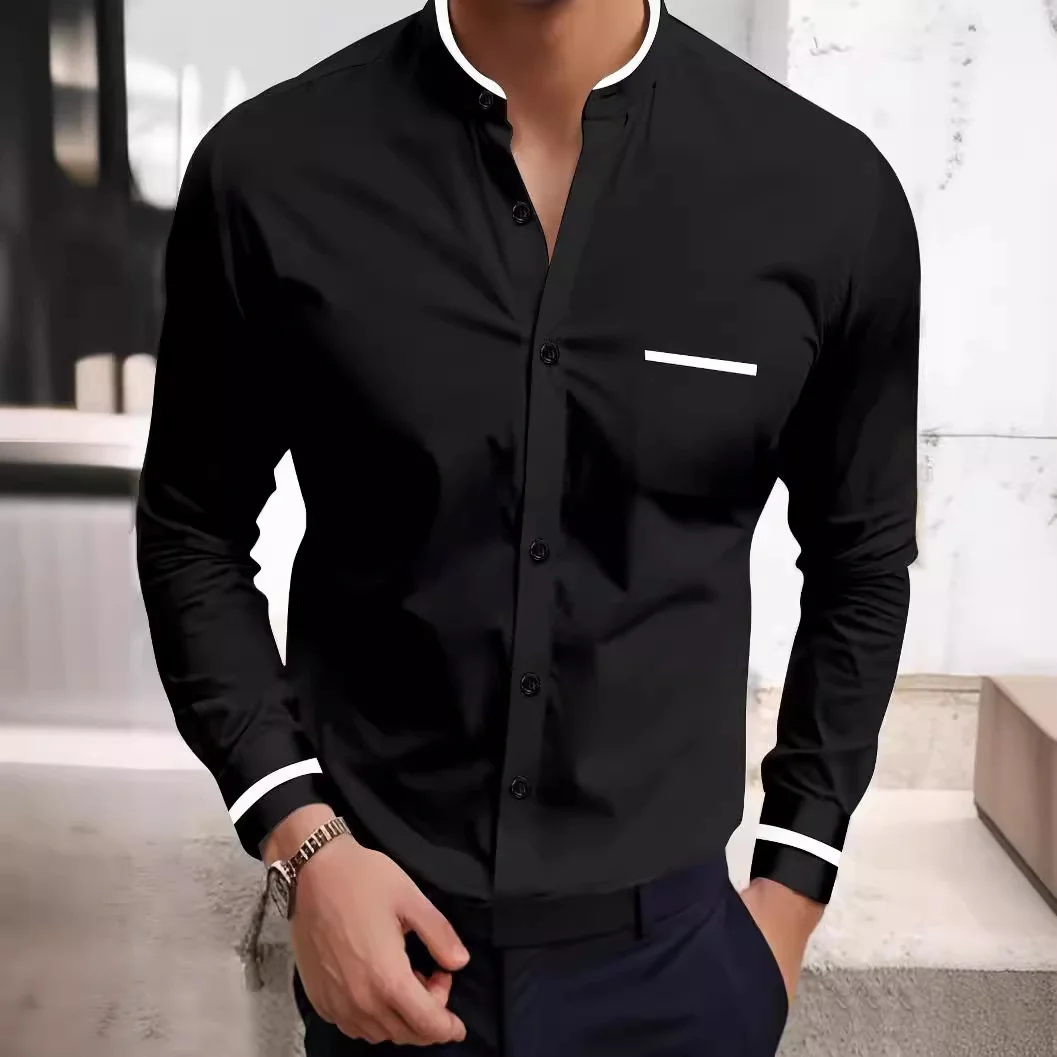 Men's casual shirt new comfortable cotton and linen single-breasted stand-up collar fashion pocket street loose long-sleeved top - Image 6
