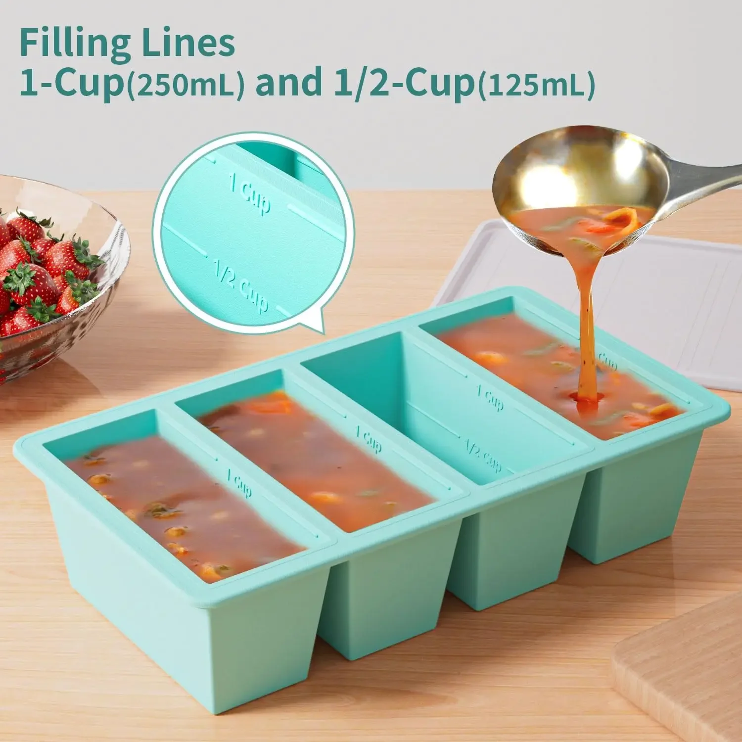 250ml/500ml Silikon-Eiswürfelform mit Einzelgitter und Deckel, Lebensmittel-Aufbewahrungsbox zum Einfrieren von Suppe – Detail 5
