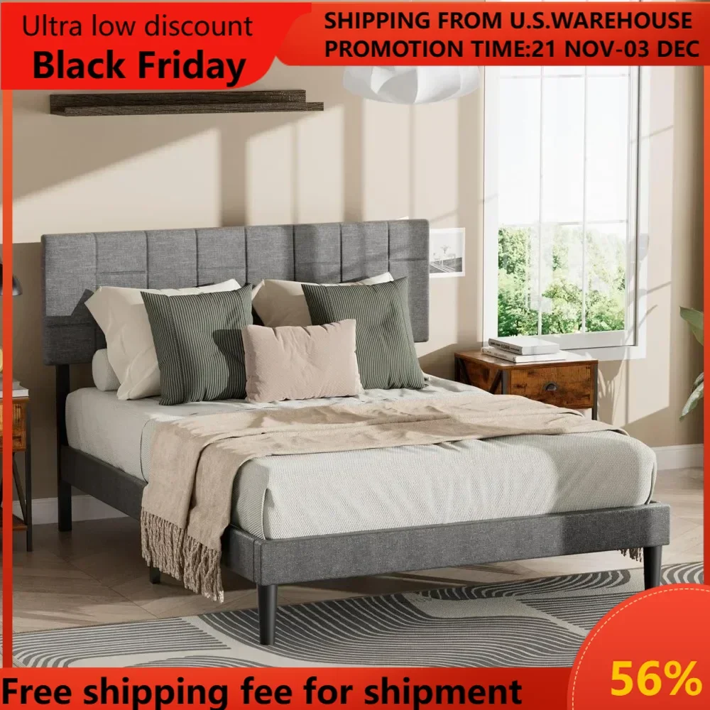 

Gray Low Profile Upholstered Platform Bed Frame (Queen) - Bed Frame Queen Size with Headboard, Camas Queen