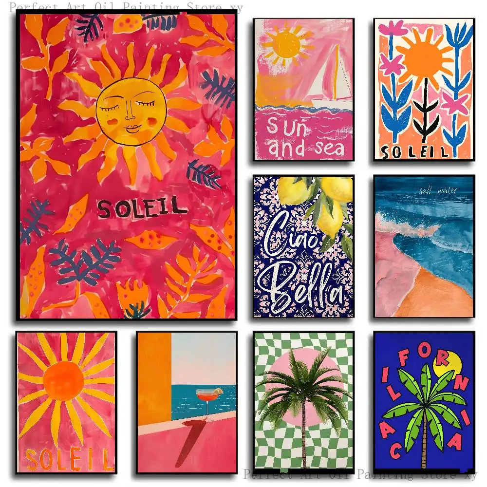 Abstract Colourful Sun Ocean Palm Tree Landscape Cactus Poster Self-adhesive Art Room Entrance Restaurant Wall Decor Art