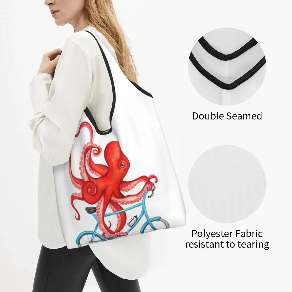 Cycling Octopus Portable Tote Shopping Bags Reusable Shopper Bag Groceries Handbag Shoulder Bag