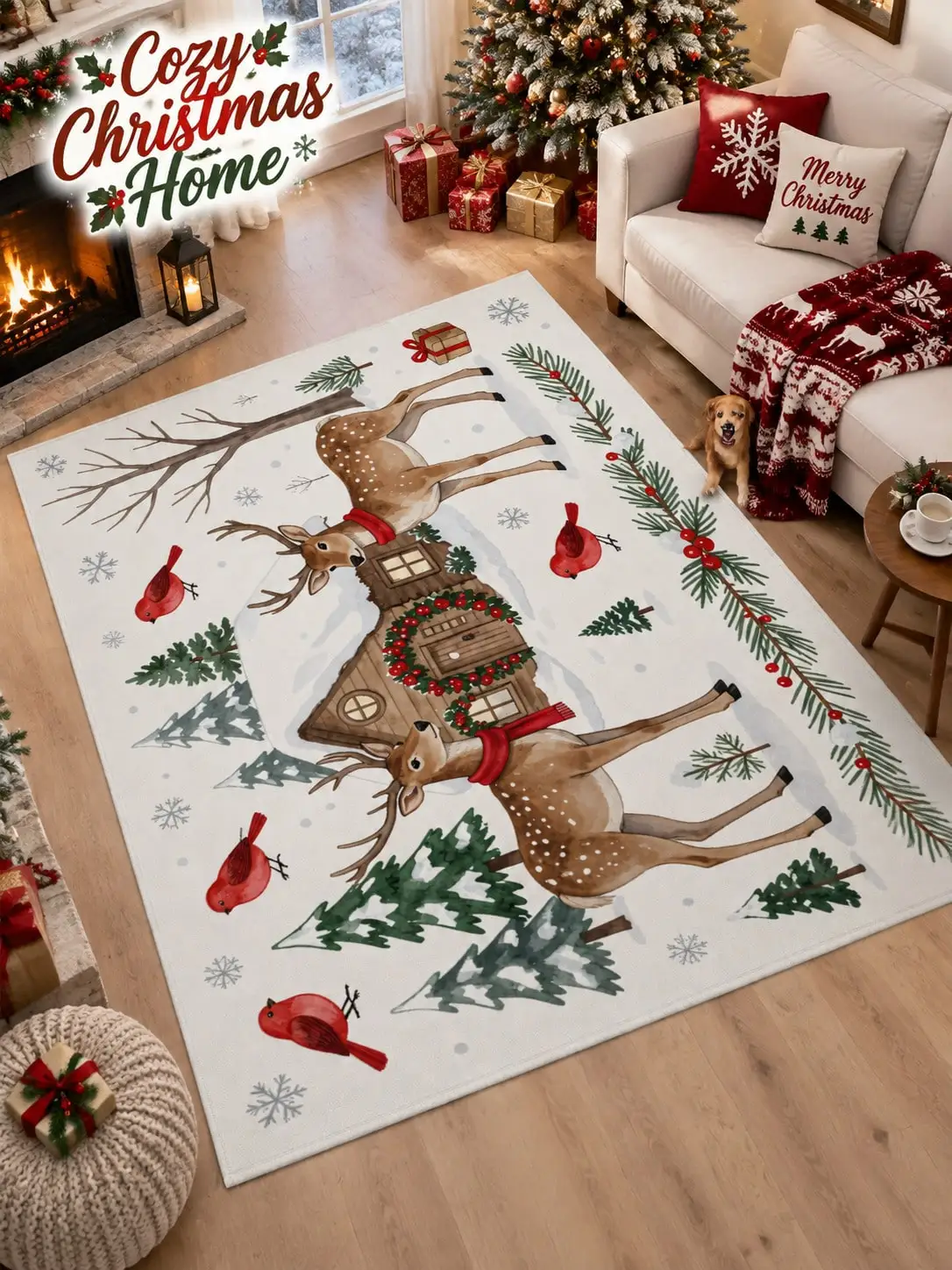 Christmas Rug Deer Cabin Cardinal Pine Floor Decor Carpet Living Room Bedroom Dining Area Entryway Apartment Cottage Winter Home Styling Beside Sofa Armchair Housewarming Birthday Gift for Family Friends Neighbors Homeowners Holiday Dinner Gatherings - view 3