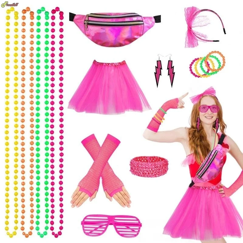 

Women 80s Fancy Dress Accessories Retro Party Costume Set Adult Tutu Skirt Neon Fishnet Gloves Beaded Necklace Bracelet Earrings