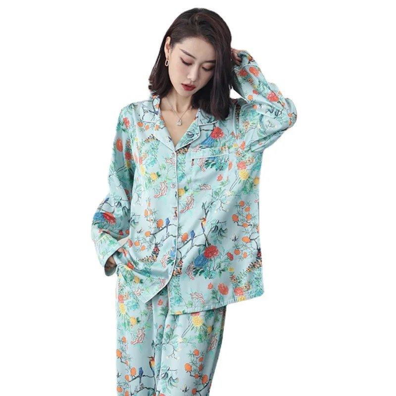 Women\'s Spring Summer Vintage French Print Pajamas Loungewear Women\'s Premium Cardigan Long Sleeve Pants Loungewear Set