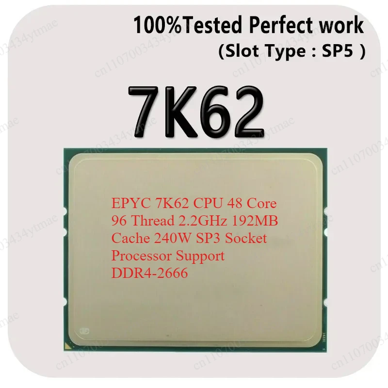 EPYC 7K62 CPU 48 Core 96 Thread 2.2GHz 192MB Cache 240W SP3 Socket Processor Support DDR4-2666