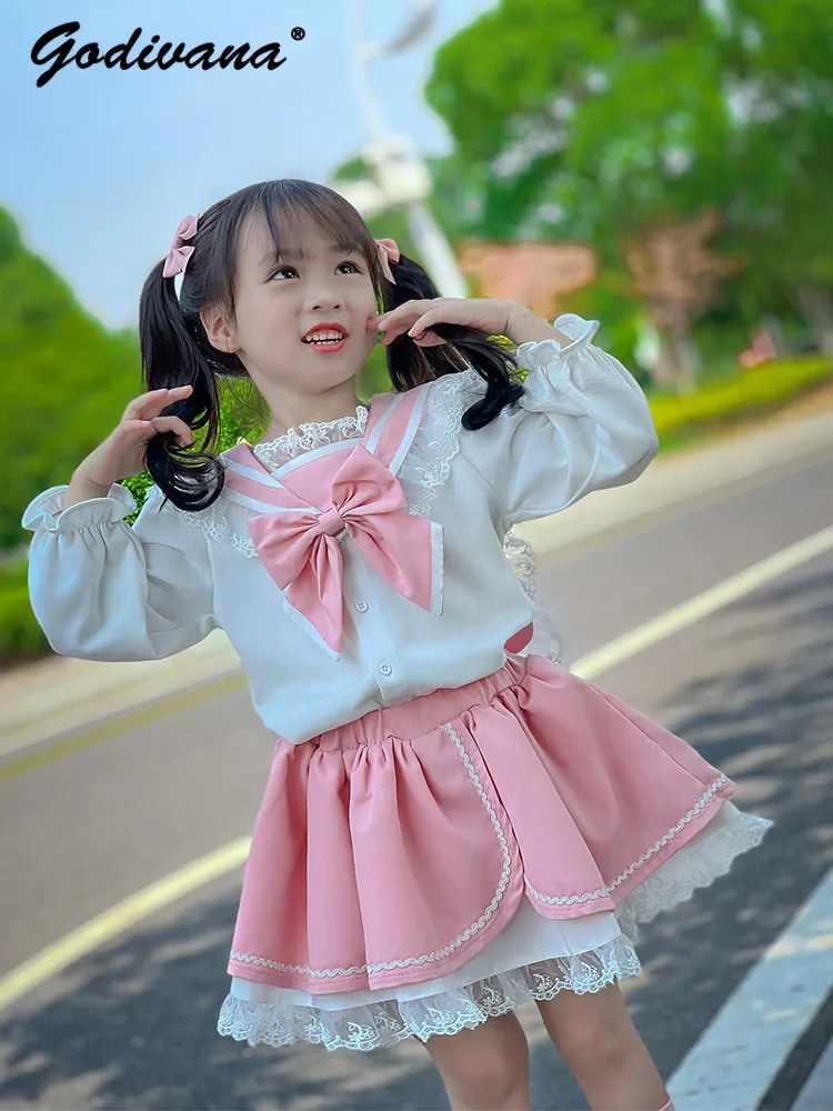 Sweet Baby Girls Spring and Autumn 2026 New Fashion Jk Preppy Uniform Set Kids Trendy Rabbit Ears Blouse and Lace Trim Skirt