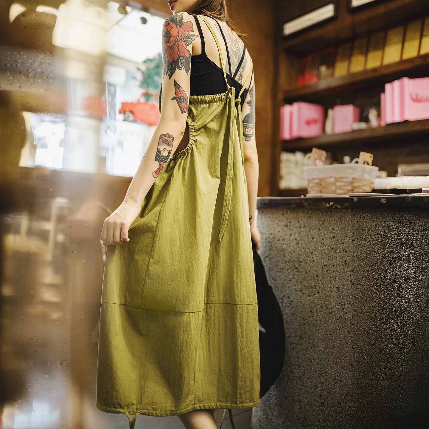 Maden Women's Camisole Balloon Dress Hollow Out Waist Drawstring Backless Sexy Cute Casual Sleeveless Summer Daily Women Dress