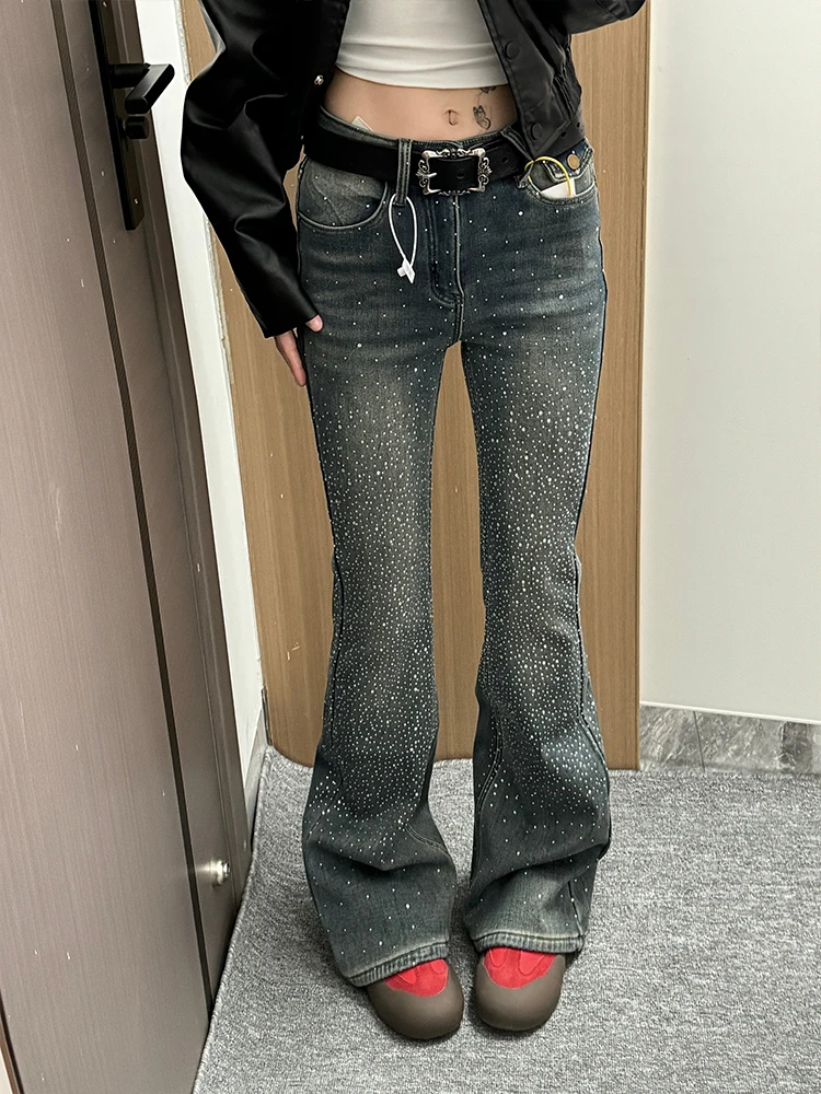 

Женские джинсы-клеш с низкой талией в стиле ретро Y2K, с блестящими звездами и стразами, классические прямые брюки