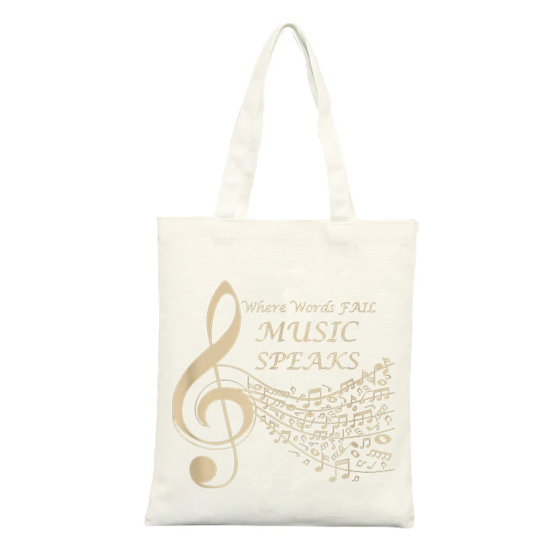 Musical Note Print Canvas Tote Bag with Typography Graphic, Ideal for Casual Daily Use and Music-themed Outings