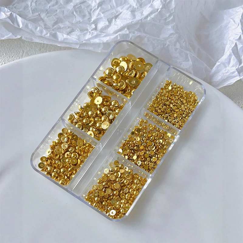 Metalowe nity ozdobne do manicure, 6 przegródek, 3D złote srebrne półokrągłe kulki, ozdoby do paznokci.