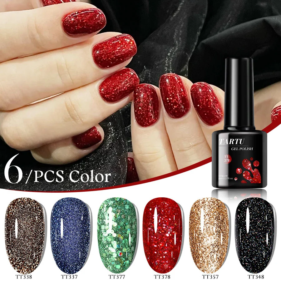 طقم طلاء أظافر جل جيلي جليتر 6 ألوان باللون الفضي والذهبي والأخضر والأبيض والأحمر والأزرق والأرجواني. مقاومة للرطوبة، للأشعة فوق البنفسجية/LED