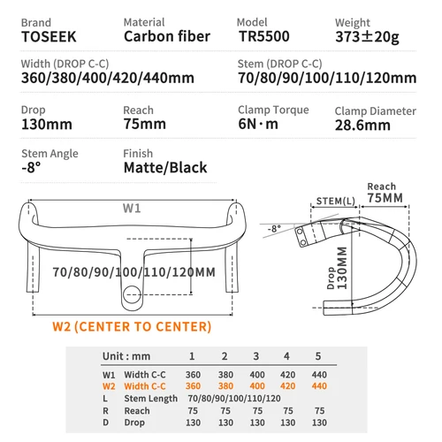 Imagen 2 del producto Manillar de bicicleta TOSEEK TR5500, manillar de carbono T800, manillar de carretera integrado de 28,6mm con soporte para ordenador de bicicleta