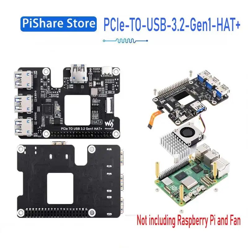 

PCIe-TO-USB-3.2-Gen1-HAT+ for Raspberry Pi 5 USB HUB 4 High Speed USB
