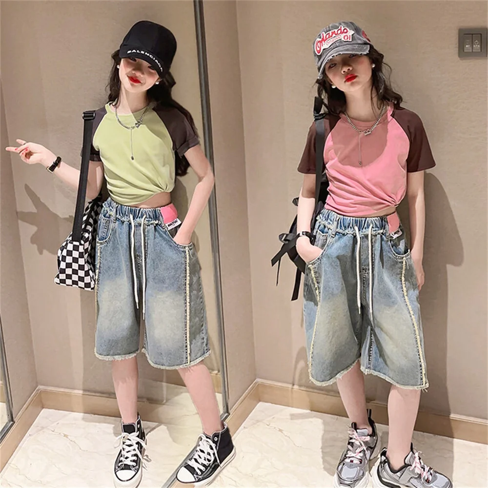 

8055 Girls' jeans Burr Edge Denim Shorts Jeans Fashion Kid Summer High Quality Powder Wear Through Jeans