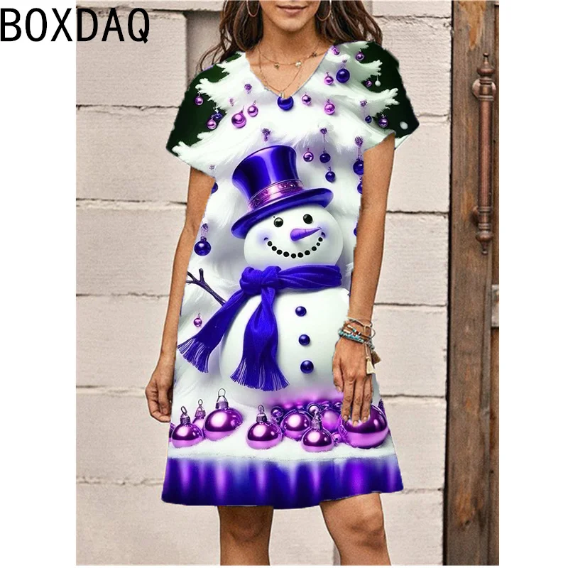 New Women\'s Christmas Dress 3D Cartoon Fun Snowman Print Mini Dress Short Sleeve V-Neck Casual A-Line Dress Vestidos