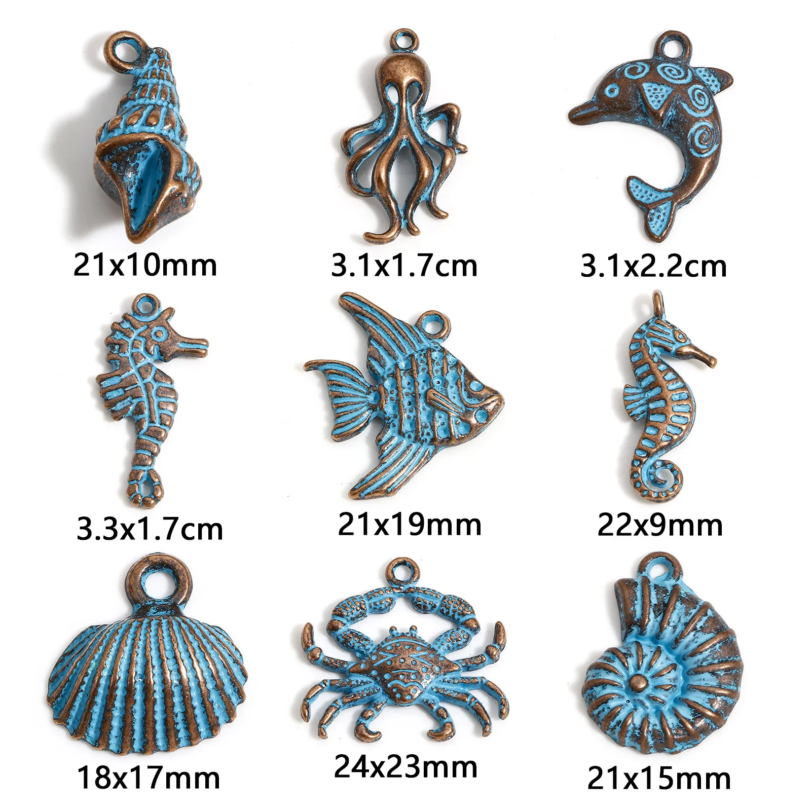 20 Piece Zinc Based Alloy Ocean Jewelry Charms Antique Copper Blue Patina Dolphin Crab Pendants For DIY Necklace Jewelry Making