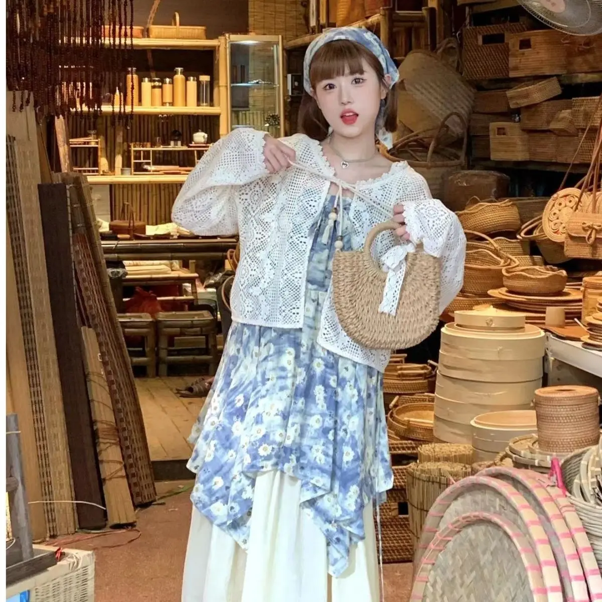 Sweet Prairie Chic Style Blue Floral Dress for Women Summer Irregular Contrast Adjustable Suspender Fashionable Long Dress