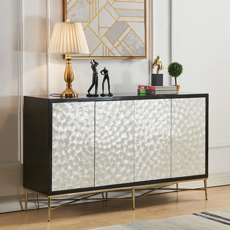 

Modern design light luxury solid wood dining side cabinet natural shell home entrance and living room storage side cabinet