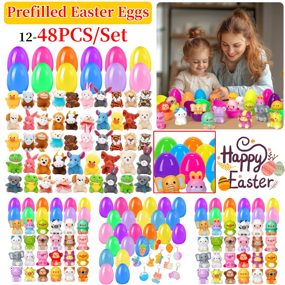 

12/24/48 упаковок, предварительно заполненные пасхальные яйца с игрушками для снятия стресса, пасхальные корзины, наполнители, пасхальные яйца-сюрпризы, сувениры для вечеринок для детей