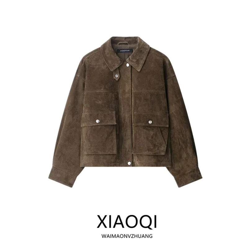 Jaqueta Piloto de Couro Solta Fena Moda Nova Chegada Outono 2025 E e Estilosa Casaco Curto para Mulheres