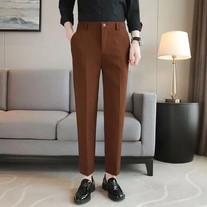 Trousers for Men Social Tailoring Slim Fit Khaki Business Waffle Tressed Work Wear Man Suits Pants Spandex Luxury Spring Clothes