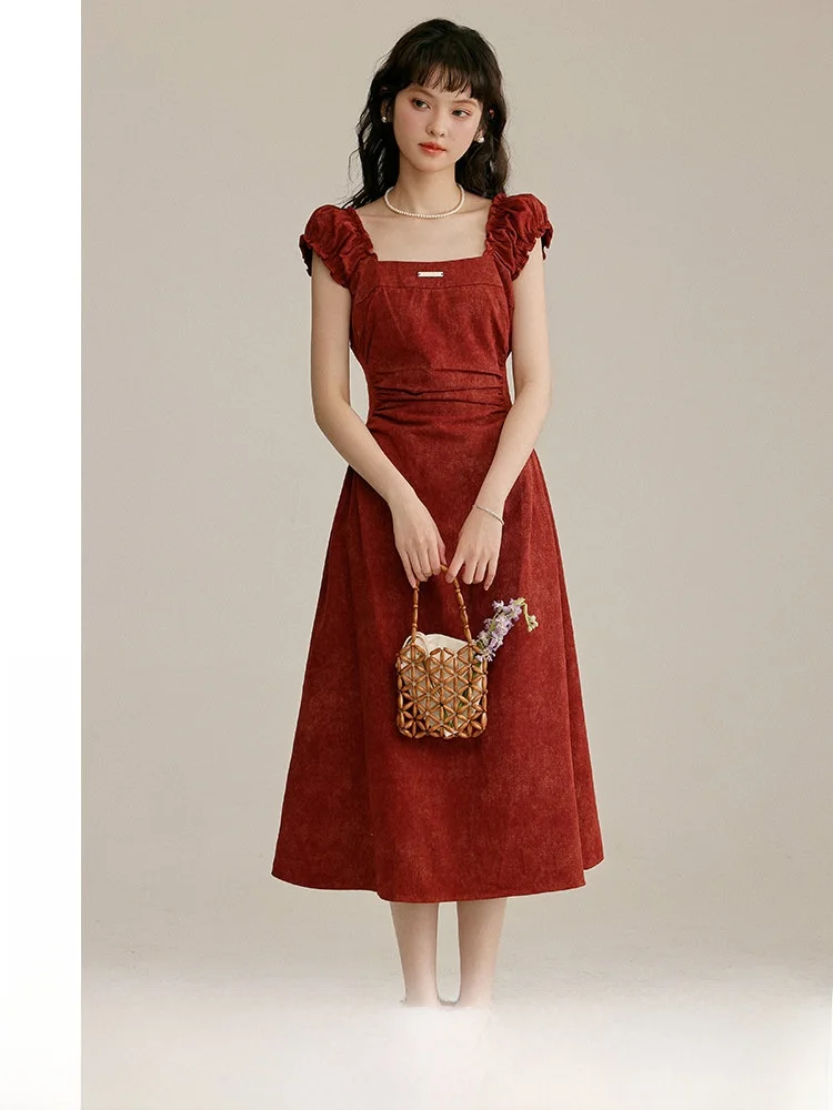 

Retro White Women's Bubble Sleeve Dress Shape Body Red High Waist A-Line Gown Polyester Cotton Blend