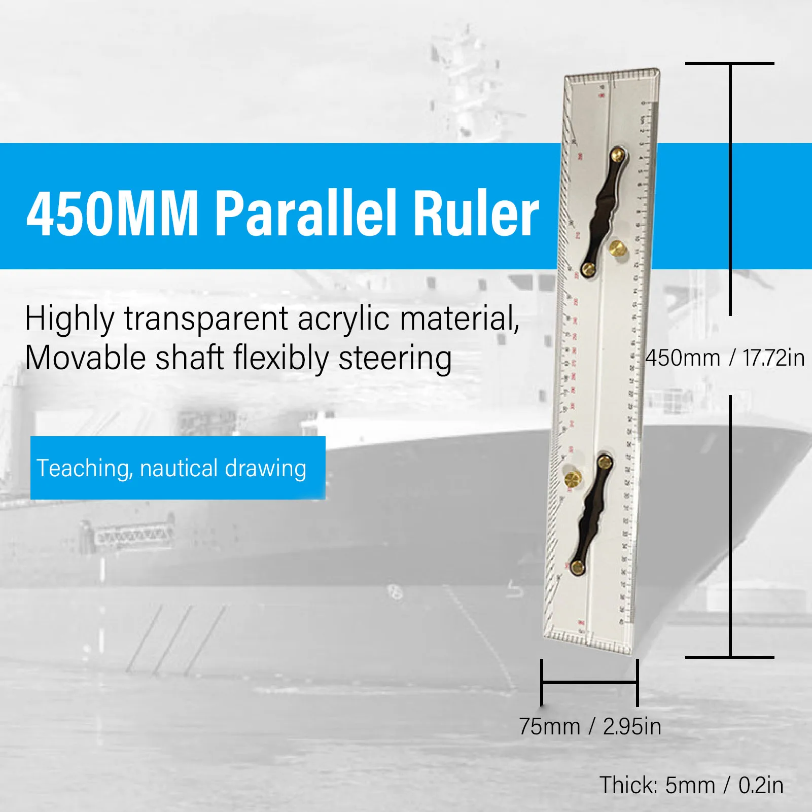 450mm Nautical Parallel Ruler High Transparency Acrylic Chart-Drafting Tool for Marine Engineering and Hydrographic Surveys