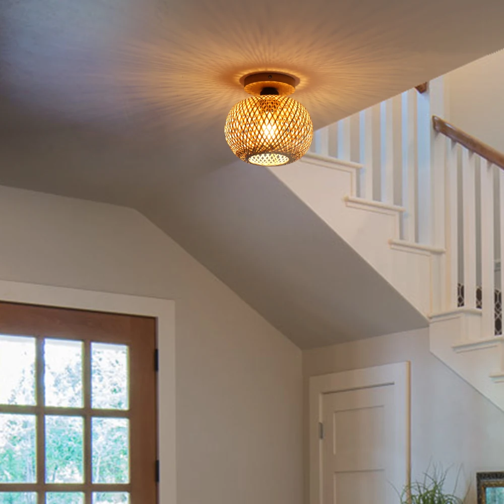 Bamboo Ceiling Lamps Hand Woven Ceiling Light Rattan Wicker Chinese Style Wood Art Home Kitchen Restaurant Decora Room Lighting