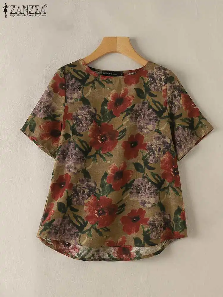 2024 ZANZEA Summer O Neck Short Sleeve Floral Printed Blouse Women Bohemian Shirt Casual Cotton Blusas Mujer Vintage Tops Tunic