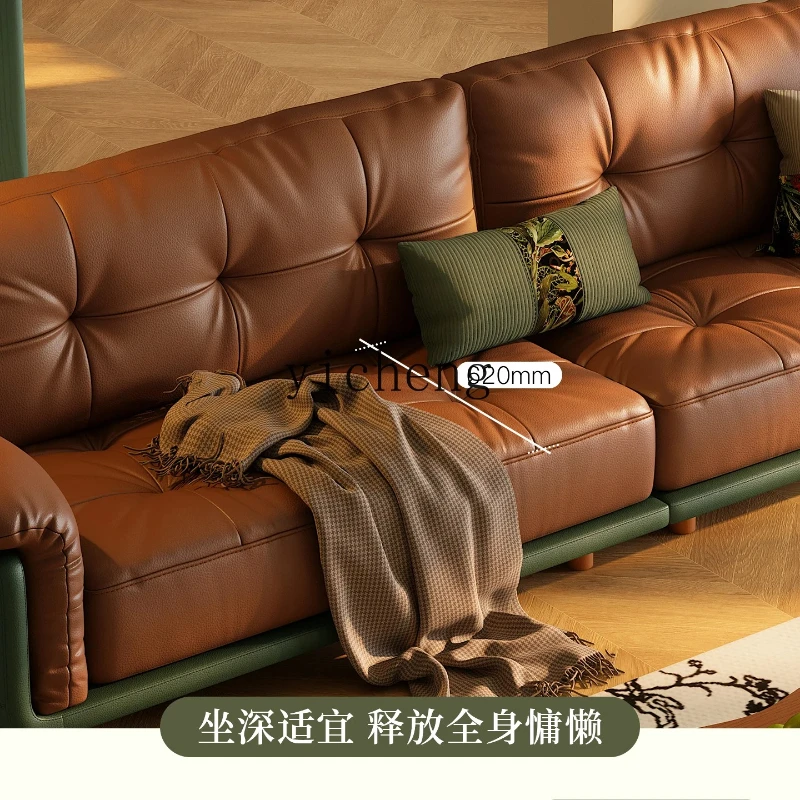

ZK French Retro Style Genuine Leather Sofa Straight Row Living Room Three-Seater Top Grain Cowhide Sofa