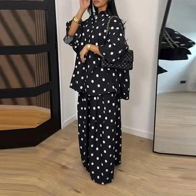 B 2026 Neues Damen-Set mit Polka-Dot-Muster, 2-teilig, Oversize-Kurzarmhemd und Weite-Hosen, Lässiger Loser Anzug – Detail 11