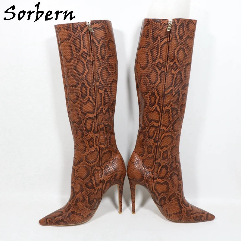 Sorbern Brown Python Knee High Women Boots Wide Ankle Strap Plush For Winter Ladies Boots Custom Shaft Length #3