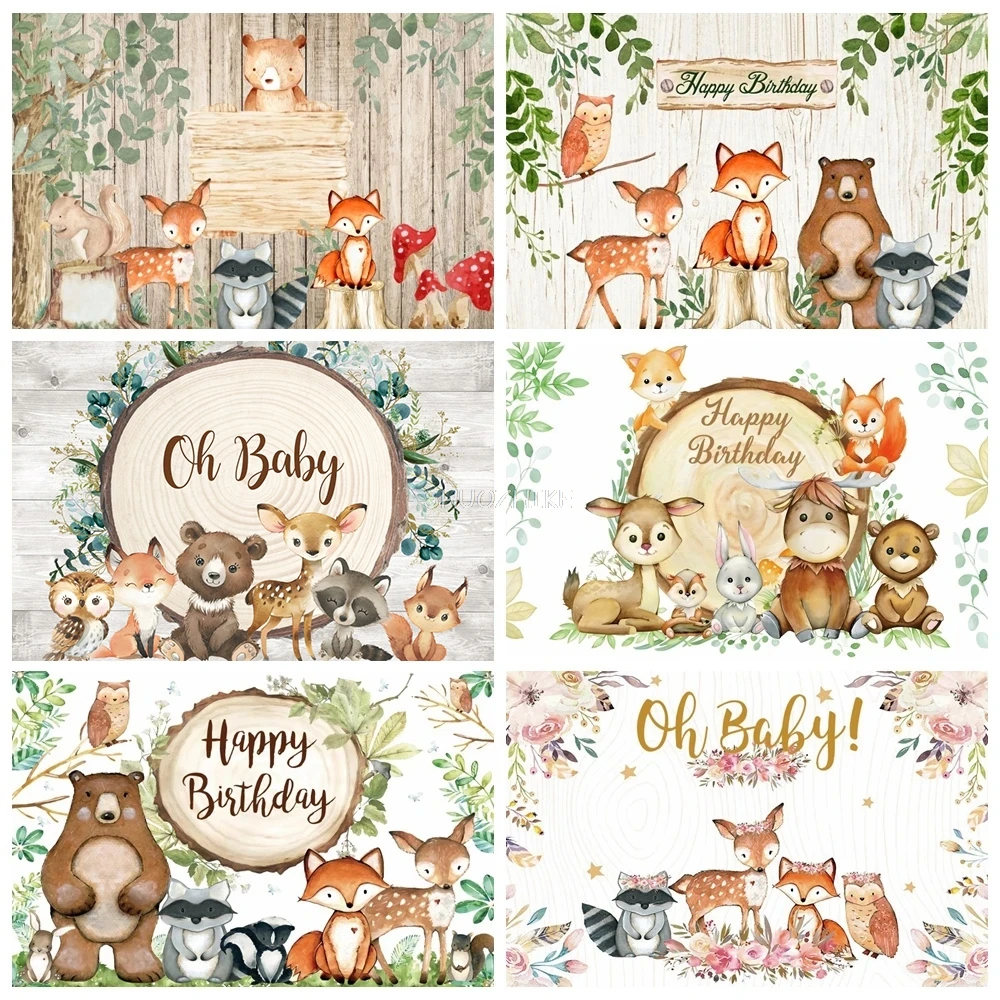 

Wood Birthday Backgrounds For Photo Watercolor Fox Giraffe Safari Baby Shower Customized Banner Poster Party Photo Backdrops