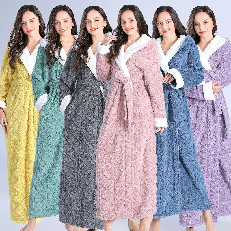 Women Men Thermal Luxury Flannel Extra Long Bath Robe Winter Sexy Jacquard Bathrobe Warm Kimono Dressing Gown Hooded Robes