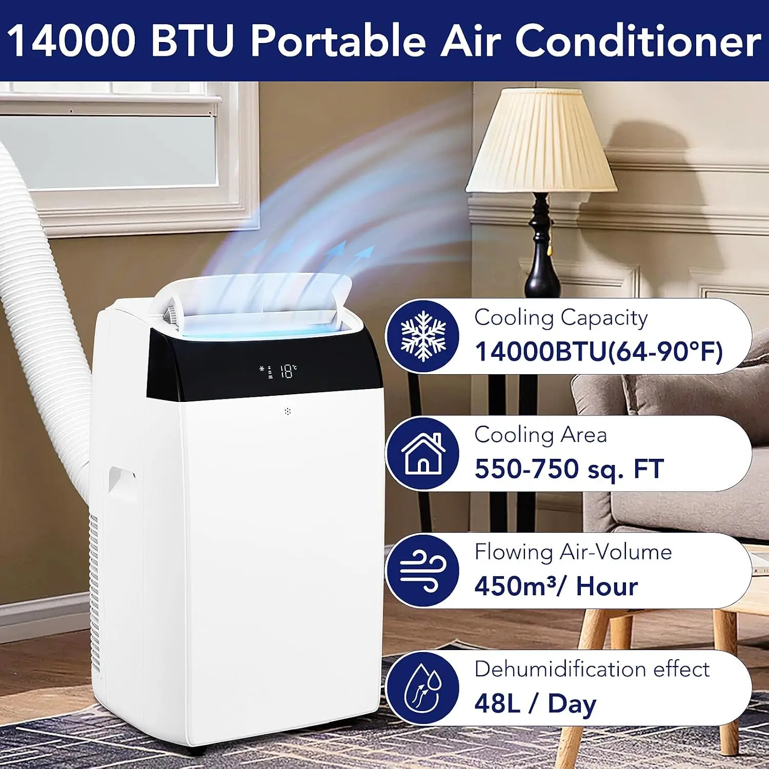 Portable Air Conditioner 14,000 BTU Powerful Cooling up to 750 Sq.Ft 3-in-1 AC Unit Electric Fan with Dehumidifier & Fan Mode Efficient Energy Saving For Home, Office, School
