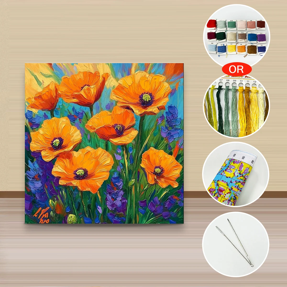 1 Stück 40x40 cm/15,74 Zoll, 11CT/14CT Kreuzstich-Set, DIY Valentinstagsgeschenk, Stickerei-Set für Festlichkeiten, Gelbe Mohnblume Schönheit – Detail 3