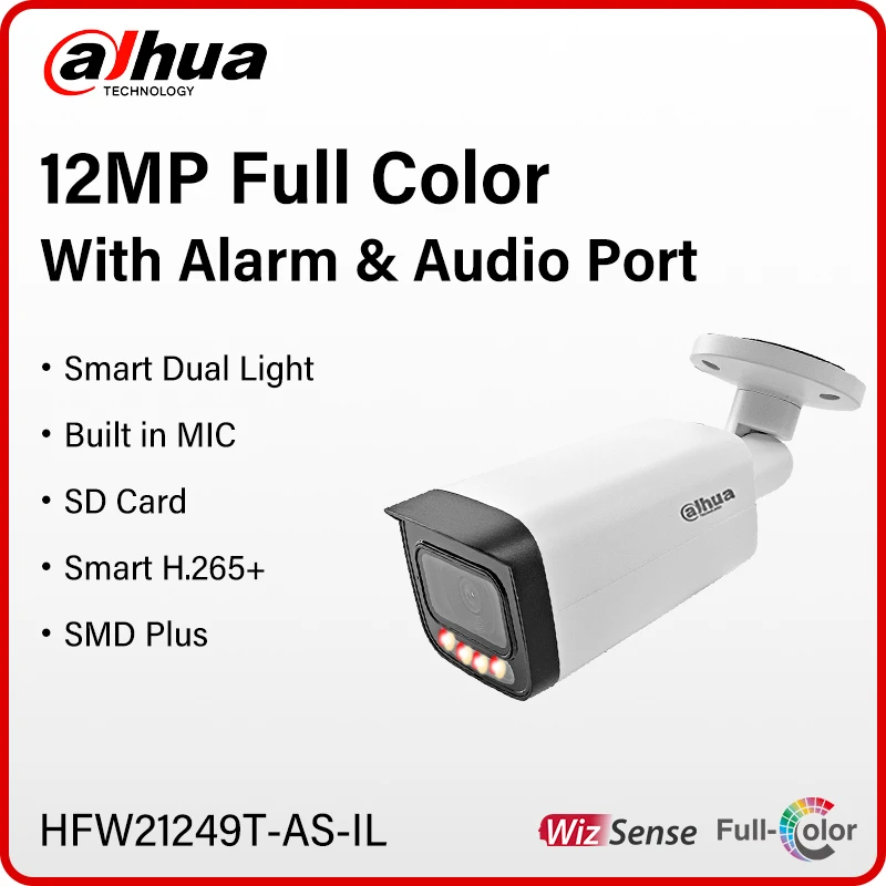 

Уличная 12-мегапиксельная интеллектуальная полноцветная пулевидная камера Dahua с двойной подсветкой и микрофоном сигнализации, аудиопорт, ИК-камера WizSense 30 м, IP-камера HFW21249T-AS-IL
