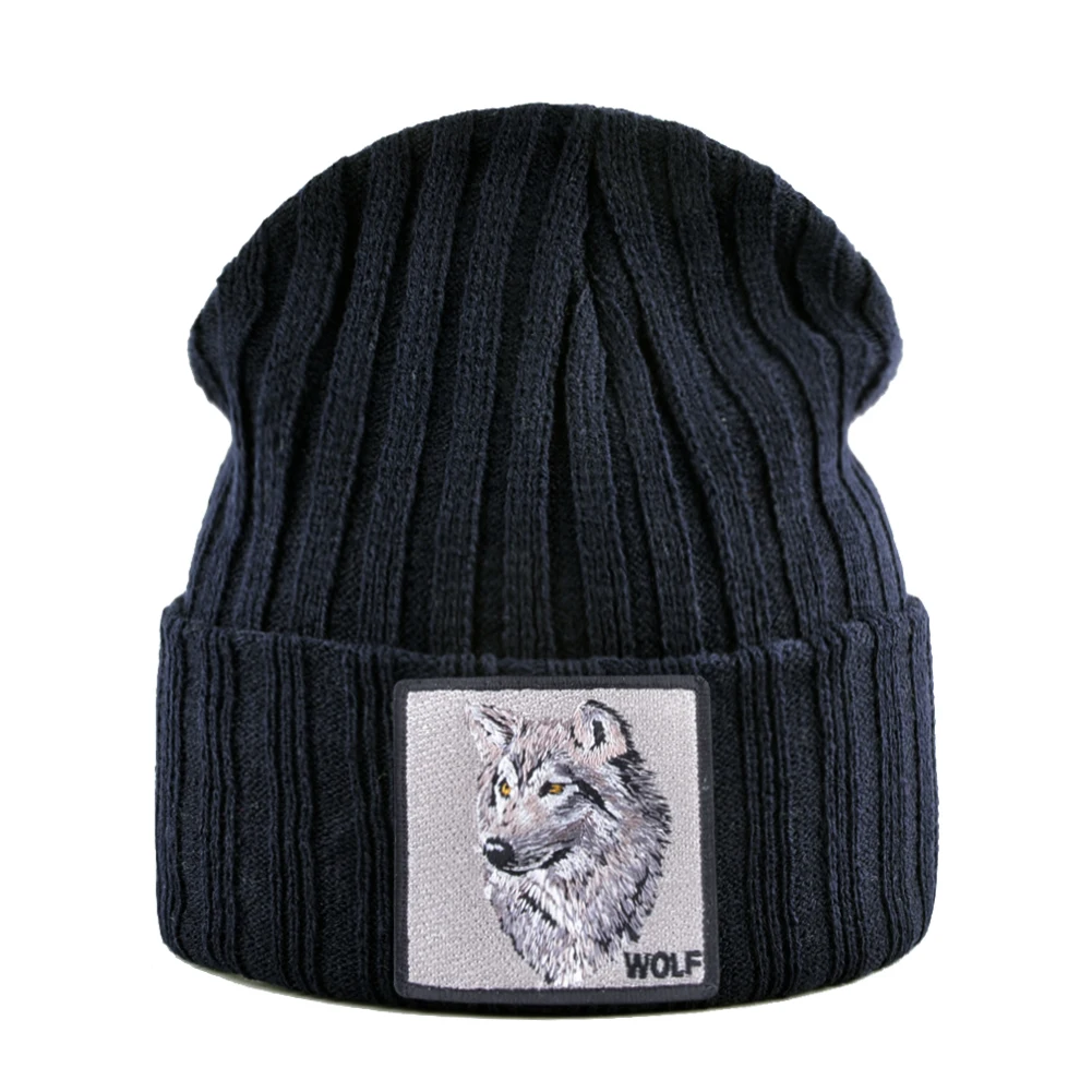 Men\'s Beanie With Wolf Patch Autumn Knitted Skullies Caps Women Winter Soft Knit Bonnet Beanies Fashion Hip Hop Gorras Hats